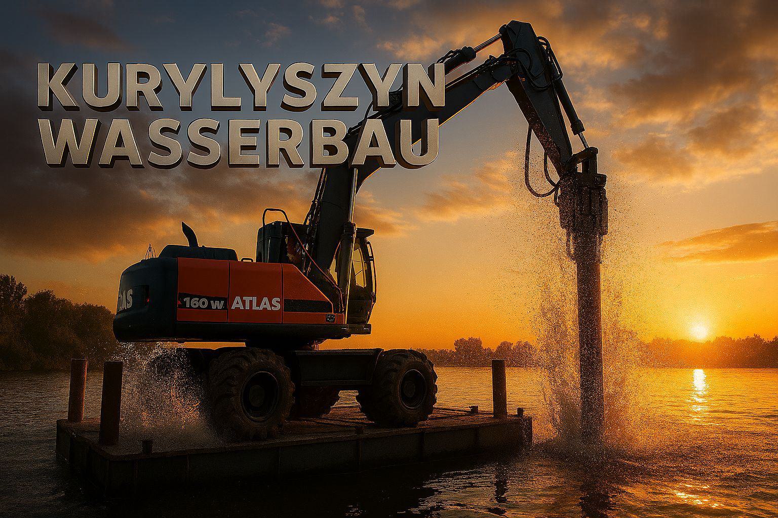 Ein Mobilbagger Atlas 160 steht auf einm Ponton und rammt einen Pfahl ins Wasser