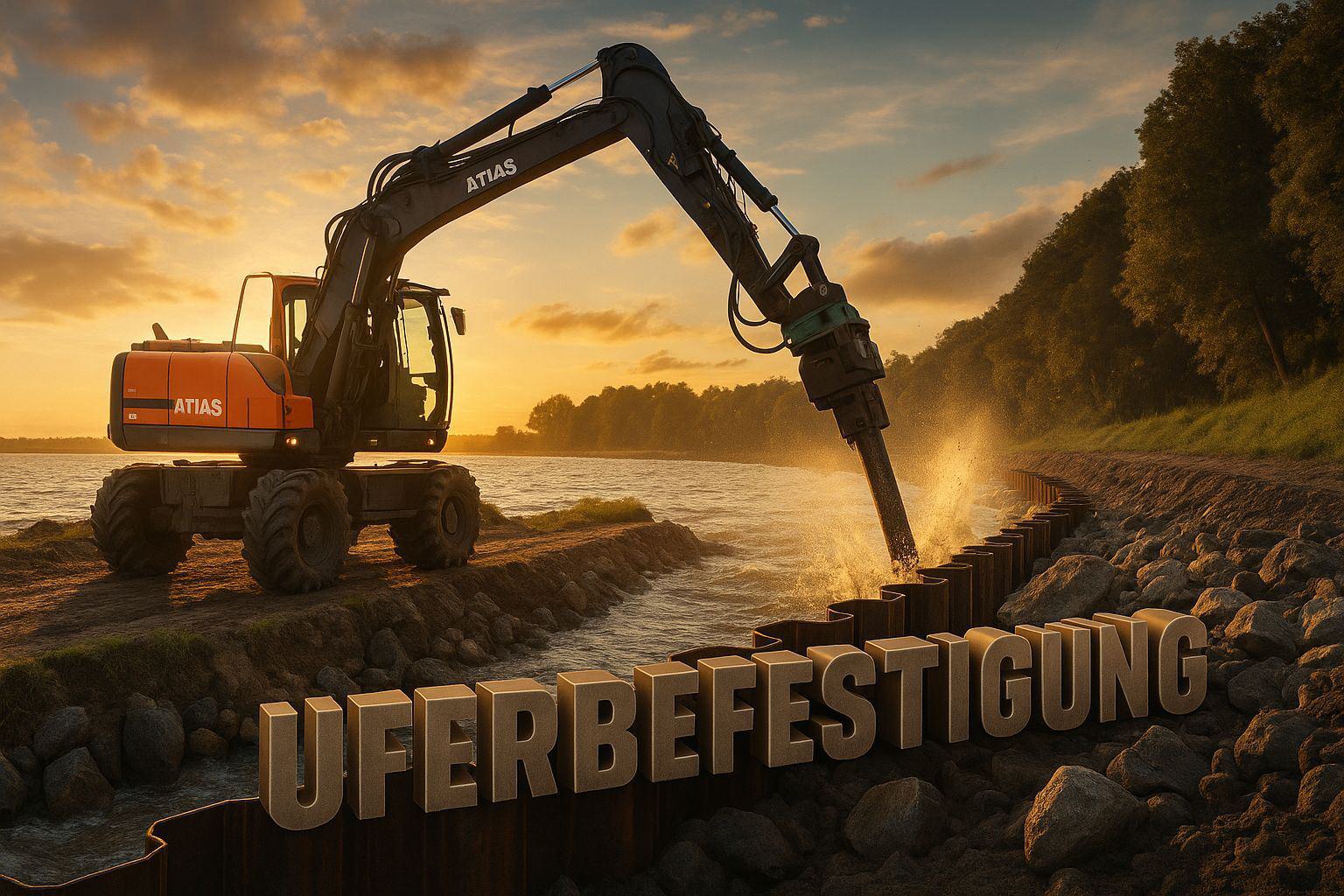 Bagger rammt Spundwände in der Uferbereich